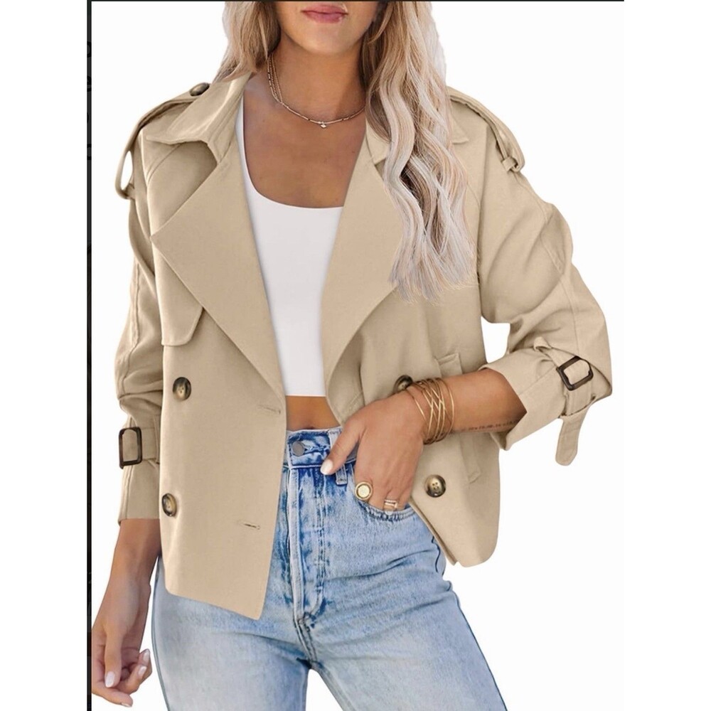 Women Crop Double Breasted Trench Coat Raglan Sleeve Work Office Cropped Jacket